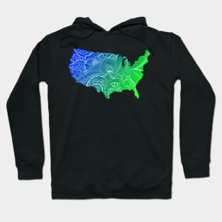 Colorful mandala art map of the United States of America in blue and green Hoodie